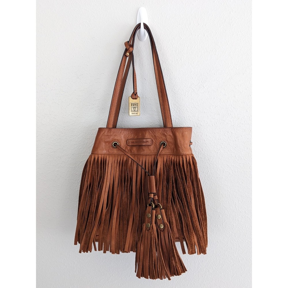 The Frye Company Leather Heidi Fringe Bucket Bag Boho Whiskey Color $458